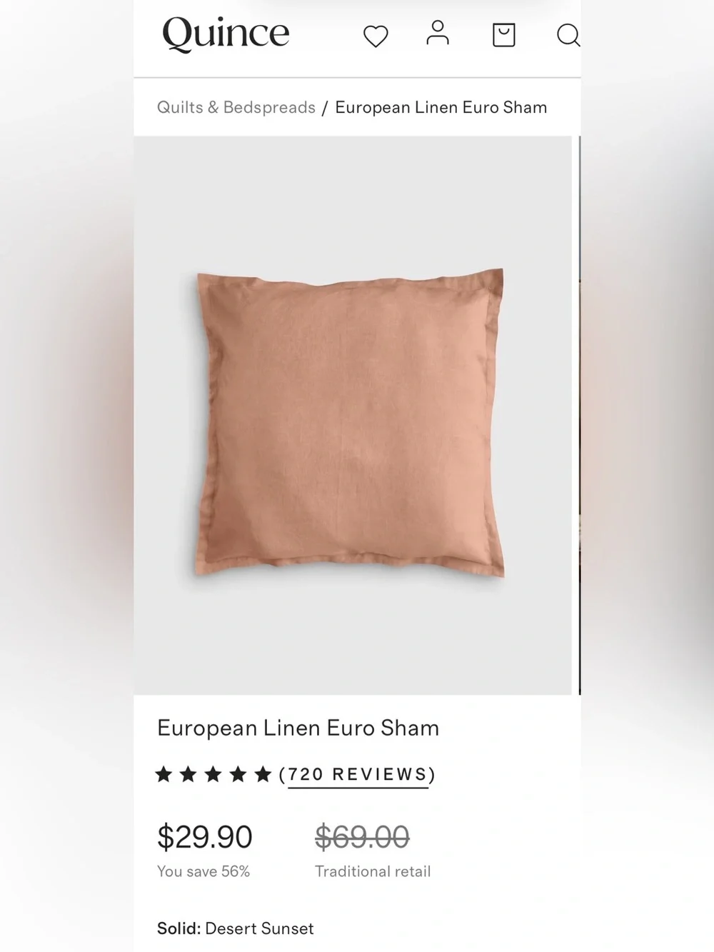 NWOT Quince European Linen Euro Sham, 26 X 26 (Desert Sunset)